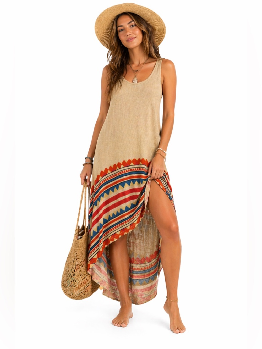 MINKPINK South West Cotton Knit Dress Multi Geometric High Low Hem Size S